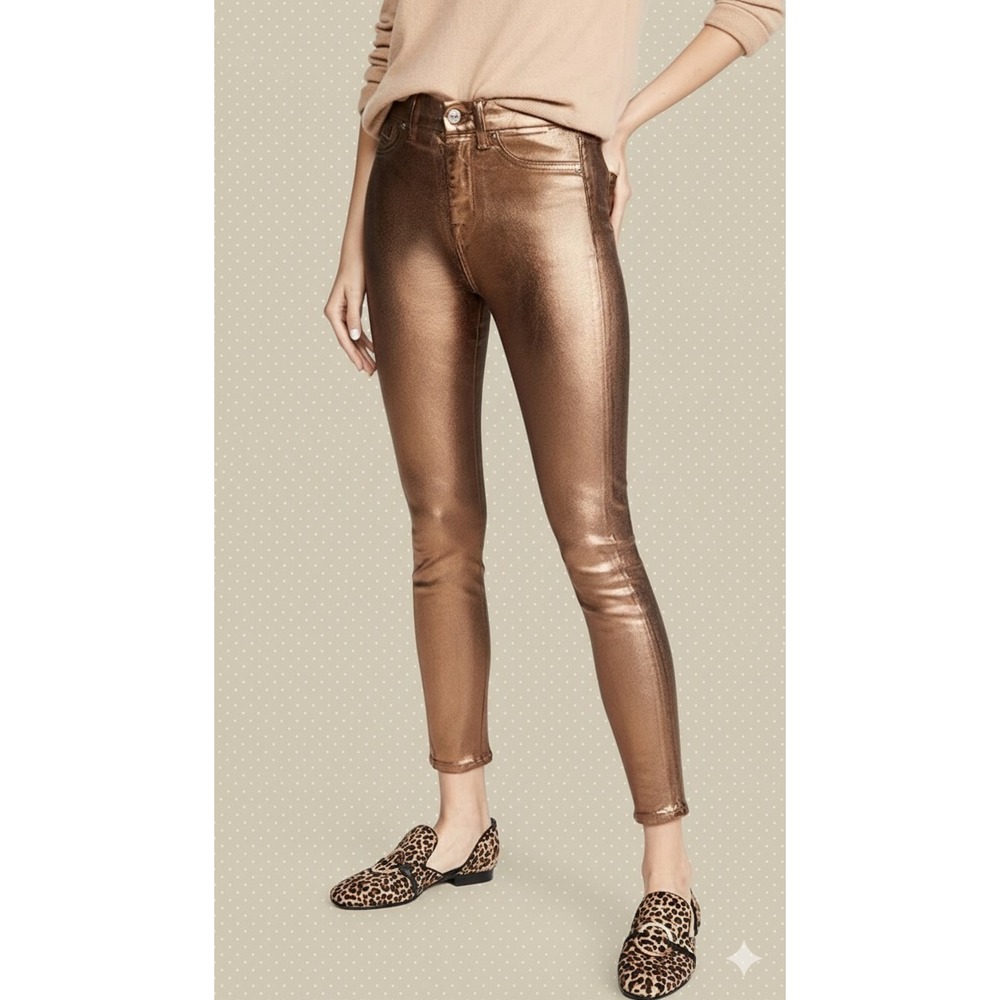 New 7 For All Mankind The High Waist Ankle Skinny Jeans Penny Metallic 25 $235